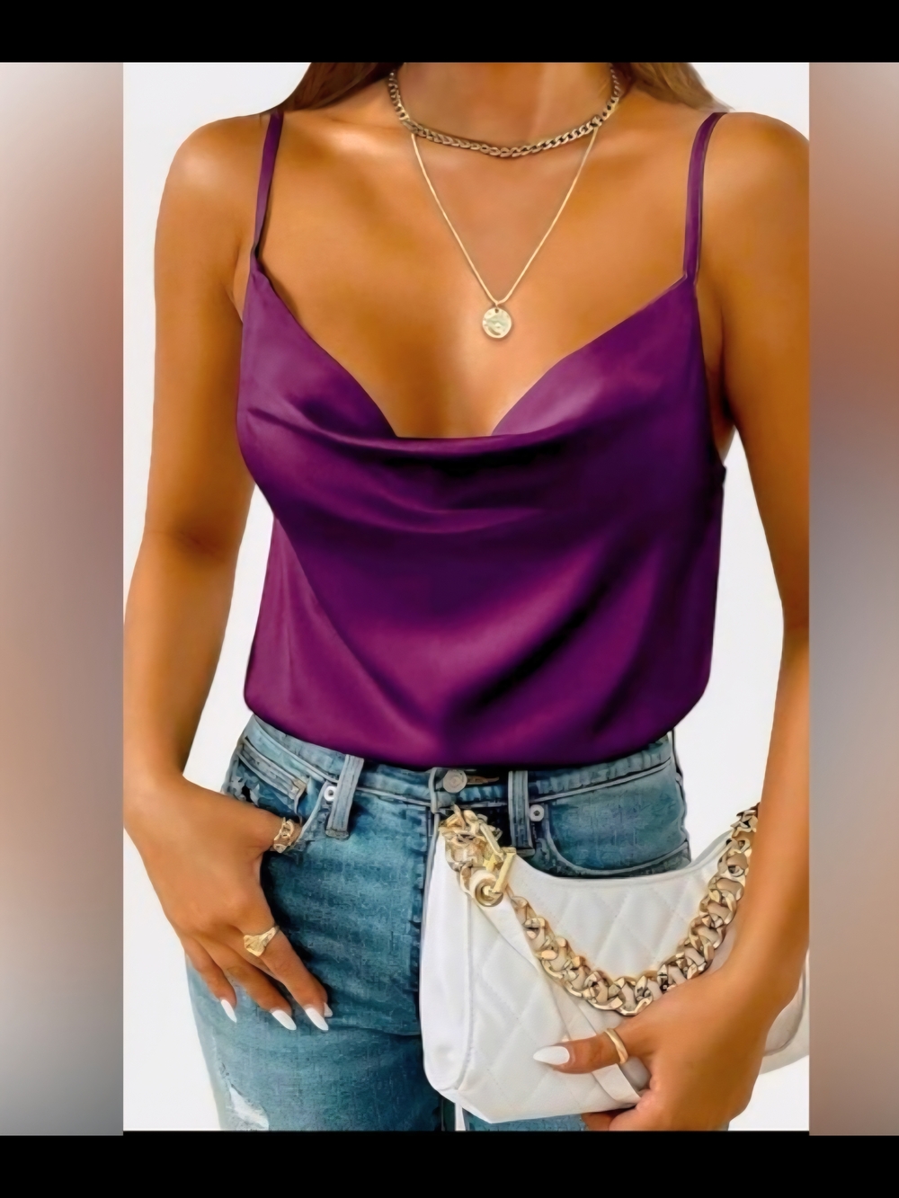 Satin Cowl Neck Camisole in Deep Purple - Women